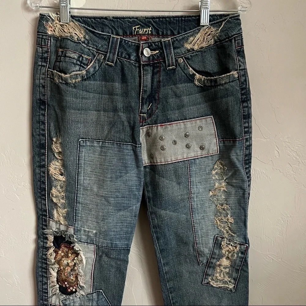 LF Furst of A‎ Kind Denim Patched Crop Straight Upcylced Denim Jeans